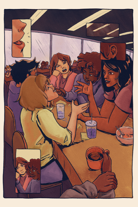 A two-page comic spread. On the first page, A group of six friends sit at a lunch table, but only five of the friends are engaged in conversation. Around the page are various comic panels that highlight the lights and sounds of the space. On the second page is a close-up of a coffee cup. Around the coffe cup are more comic panels that depict various sensory stimuli.