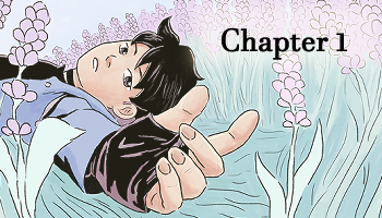 A teenager with light skin and short, black hair lays in a field of lavender. 'Chapter 1' is written in the top-right corner.